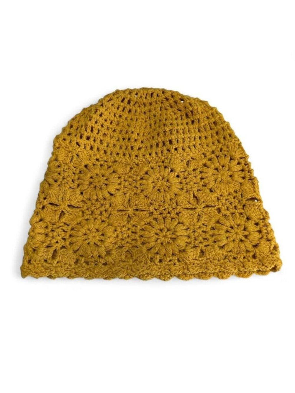 Crochet Floral Mustard Yellow Beanie Hat Knit Retro Boho Twee Spring Fall